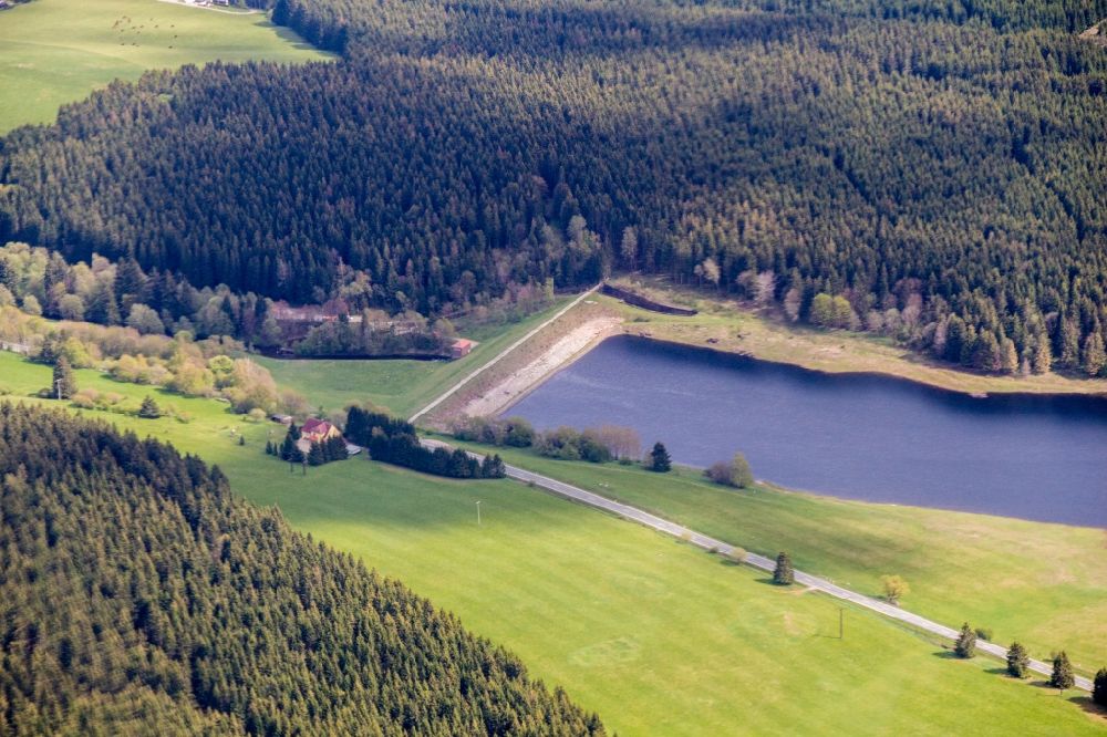 Aerial image Elbingerode (Harz) - Impoundment and shore areas at the lake Hochwasser Schutzbecken Kalte Bode in Elbingerode (Harz) in the state Saxony-Anhalt, Germany