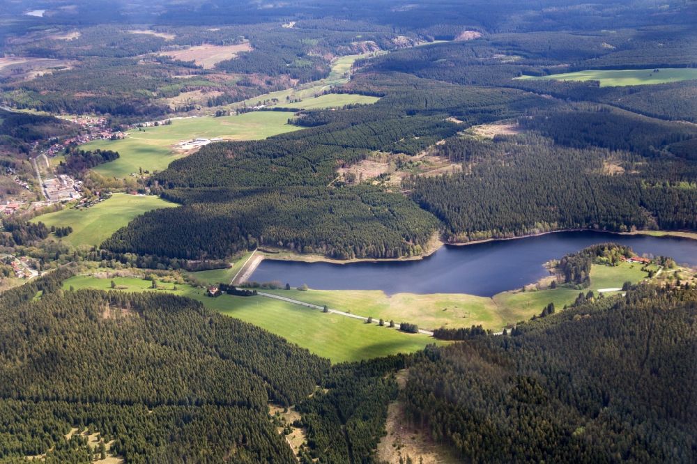 Aerial photograph Elbingerode (Harz) - Impoundment and shore areas at the lake Hochwasser Schutzbecken Kalte Bode in Elbingerode (Harz) in the state Saxony-Anhalt, Germany