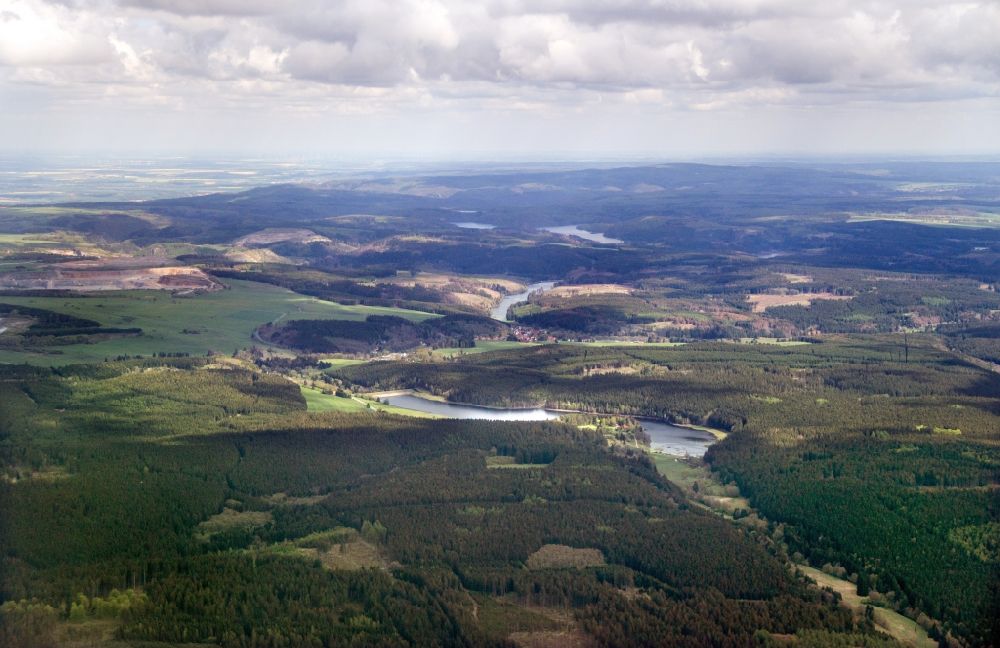 Elbingerode (Harz) from above - Impoundment and shore areas at the lake Hochwasser Schutzbecken Kalte Bode in Elbingerode (Harz) in the state Saxony-Anhalt, Germany