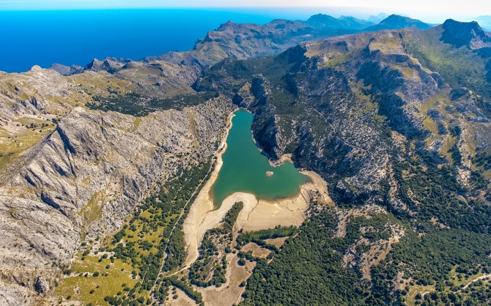 Escorca from the bird's eye view: Impoundment and shore areas at the lake Gorg Blau in Escorca at Serra de Tramuntana in Balearic island of Mallorca, Spain
