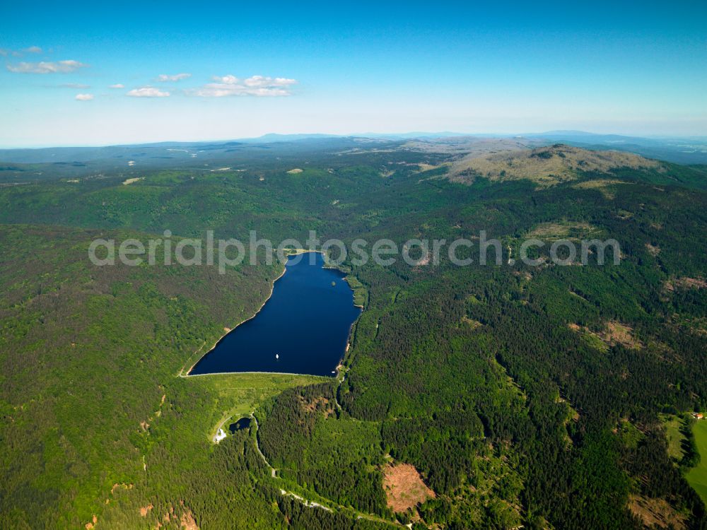 Frauenau from above - Impoundment and shore areas at the lake in Frauenau in the state Bavaria, Germany