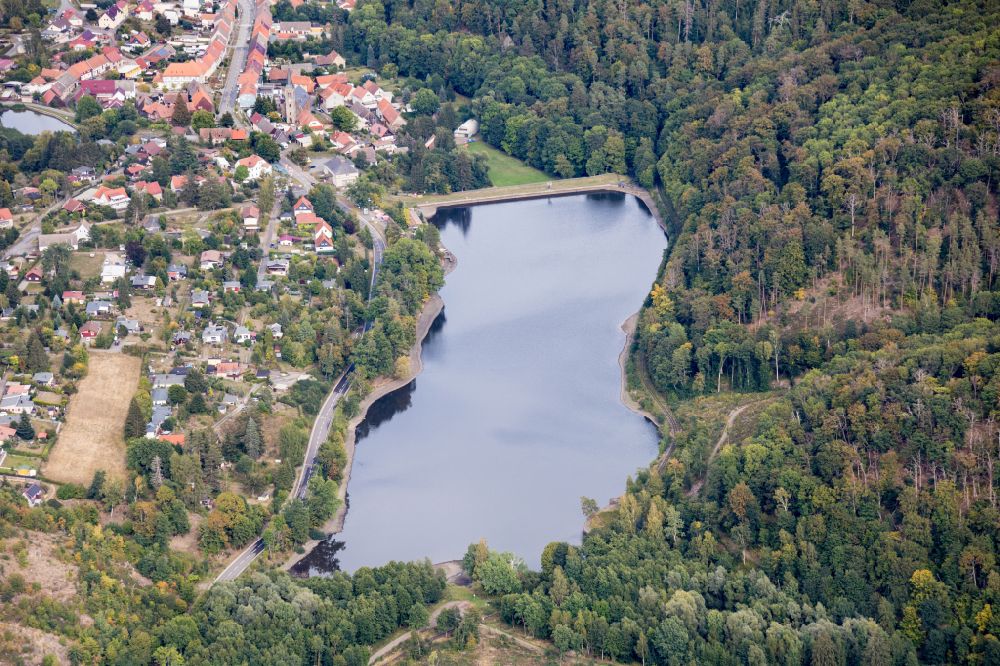 Aerial photograph Güntersberge - Impoundment and shore areas at the lake of Bergsee in Guentersberge in the state Saxony-Anhalt, Germany