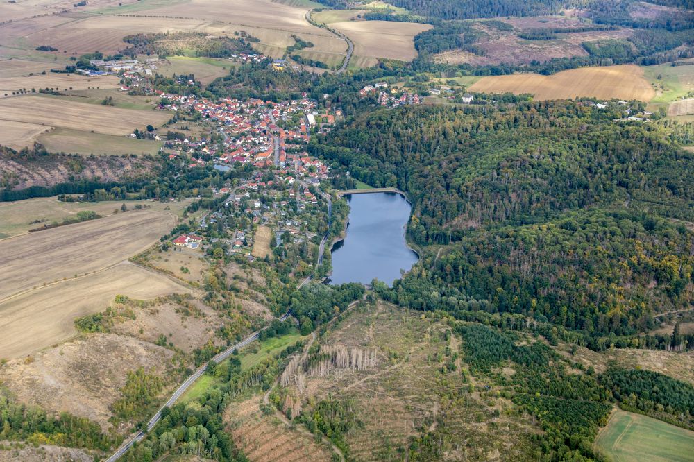 Güntersberge from above - Impoundment and shore areas at the lake of Bergsee in Guentersberge in the state Saxony-Anhalt, Germany
