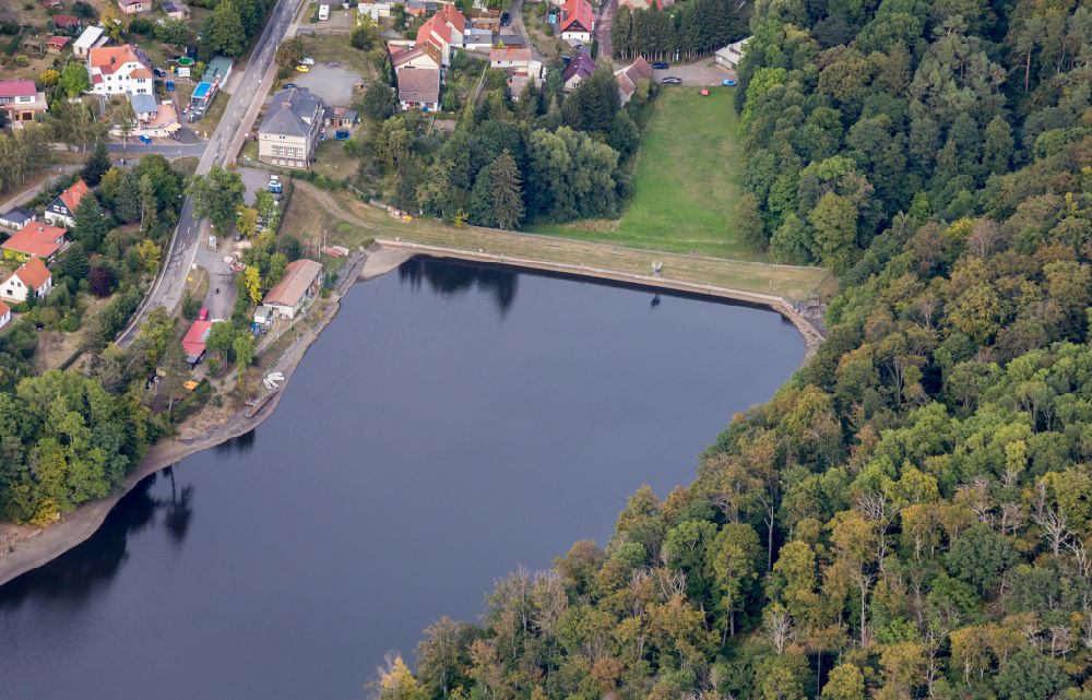 Güntersberge from above - Impoundment and shore areas at the lake of Bergsee in Guentersberge in the state Saxony-Anhalt, Germany