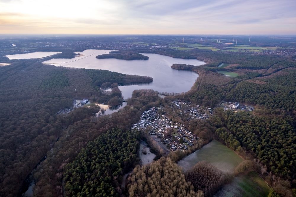 Aerial image Haltern am See - Impoundment and shore areas at the lake Halterner Stausee in Haltern am See in the state North Rhine-Westphalia, Germany