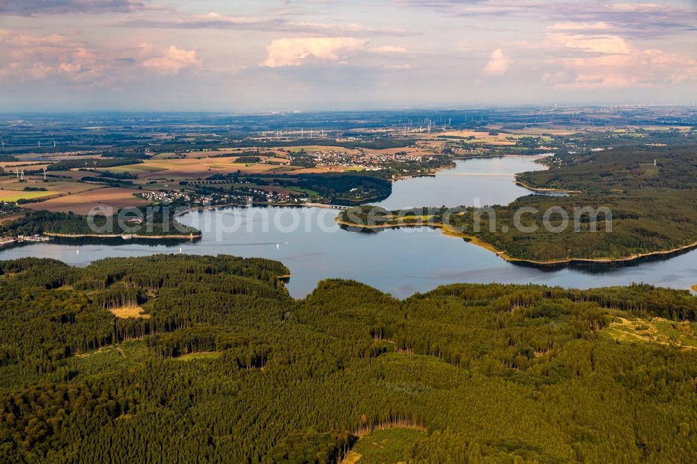 Aerial image Möhnesee - Impoundment and shore areas at the lake Moehnesee in the state North Rhine-Westphalia, Germany