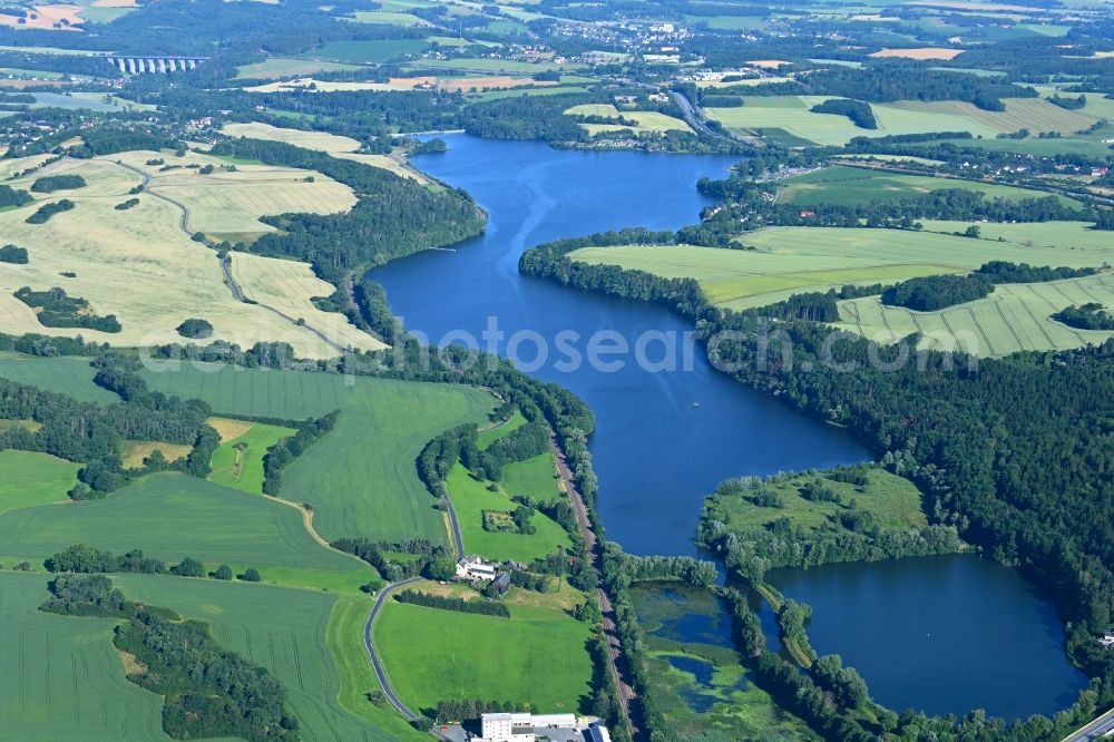 Oelsnitz/Vogtl. from above - Impoundment and shore areas at the lake Weisse Elster - Vorsperre Dobeneck in Oelsnitz/Vogtl. in the state Saxony, Germany