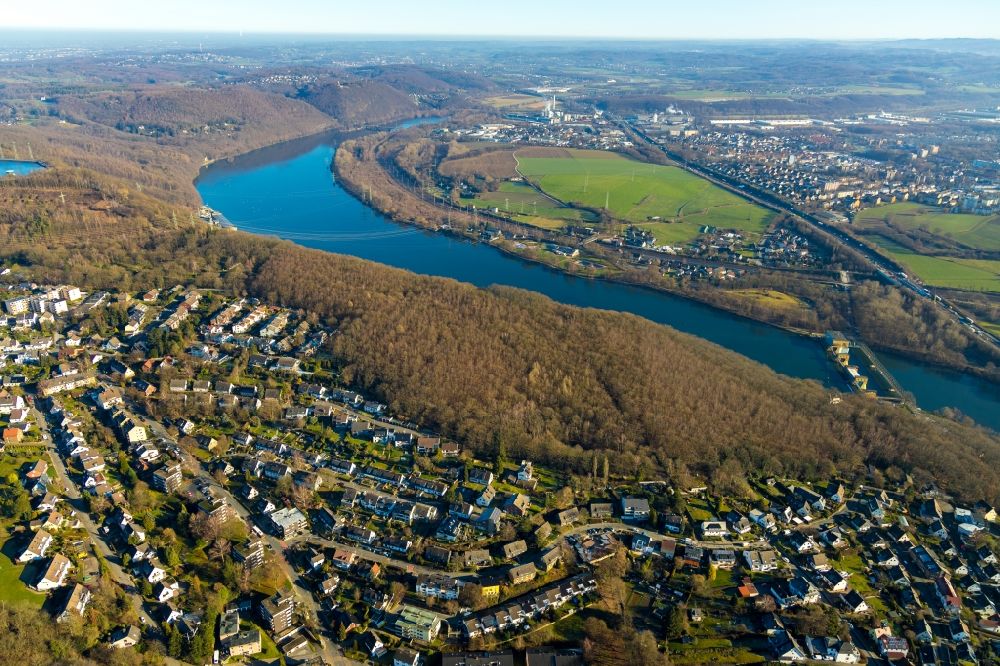 Herdecke from above - Impoundment and shore areas at the lake Hengsteysee in the district Ahlenberg in Herdecke in the state North Rhine-Westphalia, Germany