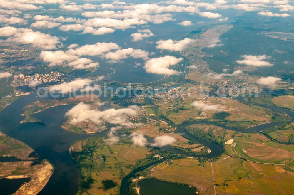 Aerial image Vyshhorod - Impoundment and shore areas at the lake of Kiewer Meeres in Vyshhorod in Kyivska oblast, Ukraine