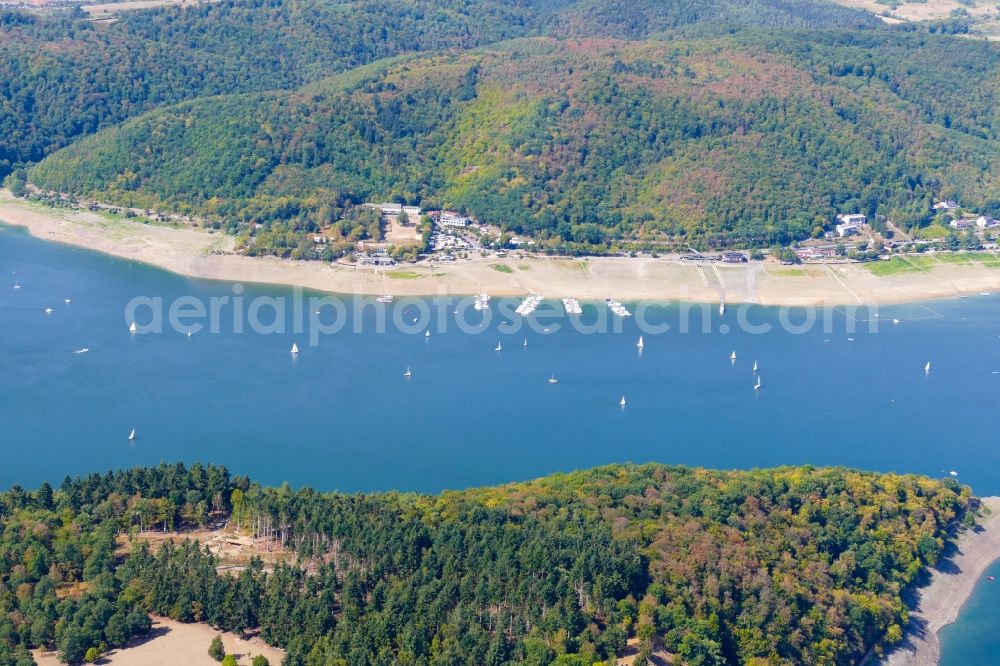 Aerial image Waldeck - Impoundment and shore areas at the lake Edersee in Waldeck in the state Hesse, Germany
