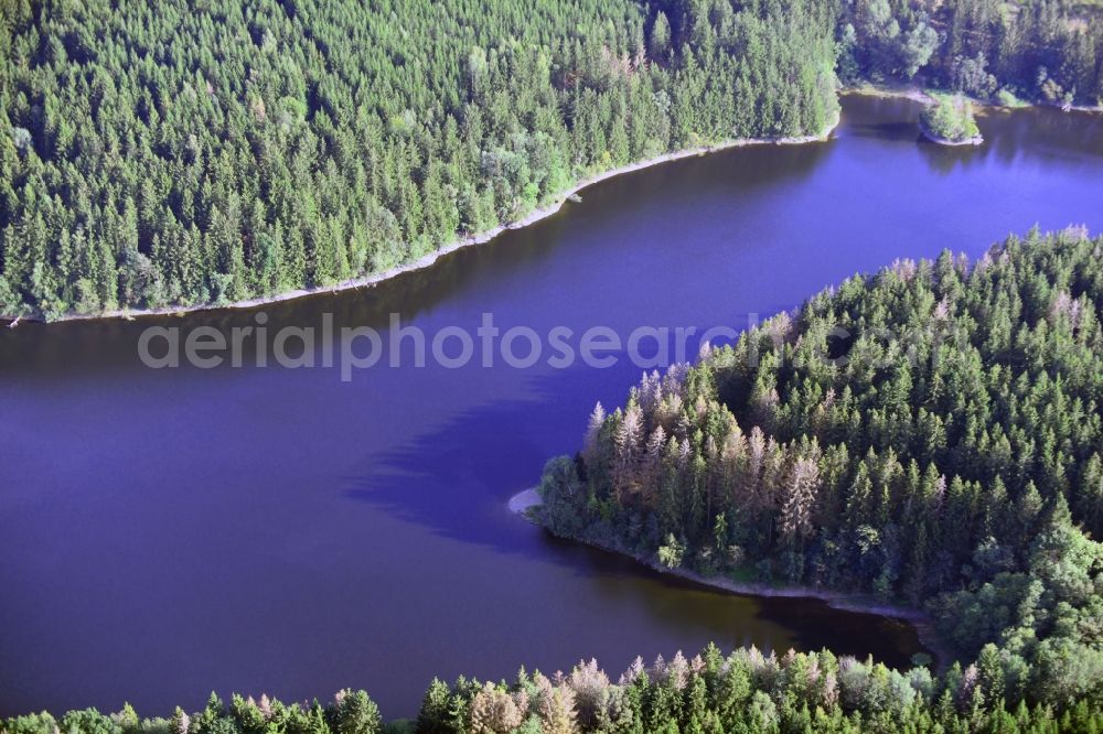 Wernigerode from above - Impoundment and shore areas at the lake Zillierbachtalsperre in Wernigerode in the state Saxony-Anhalt, Germany