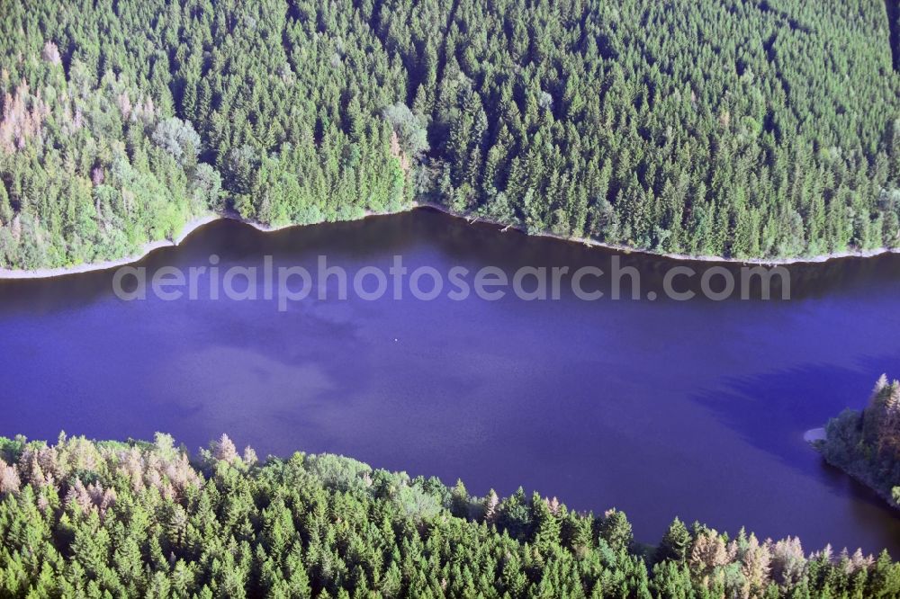 Wernigerode from the bird's eye view: Impoundment and shore areas at the lake Zillierbachtalsperre in Wernigerode in the state Saxony-Anhalt, Germany