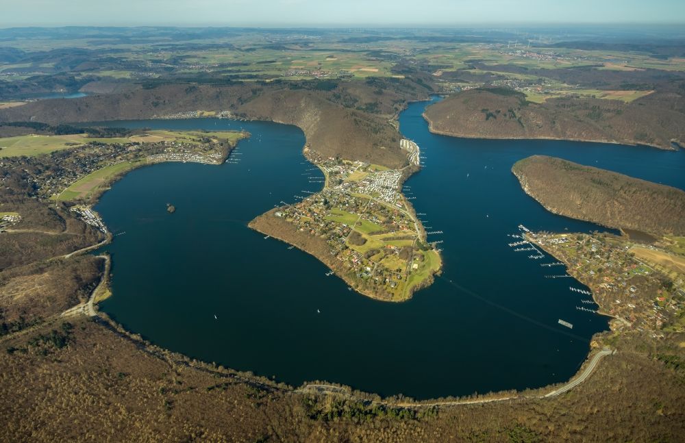 Scheid from the bird's eye view: Shore areas at the lake of Eder in Scheid in the state Hesse, Germany