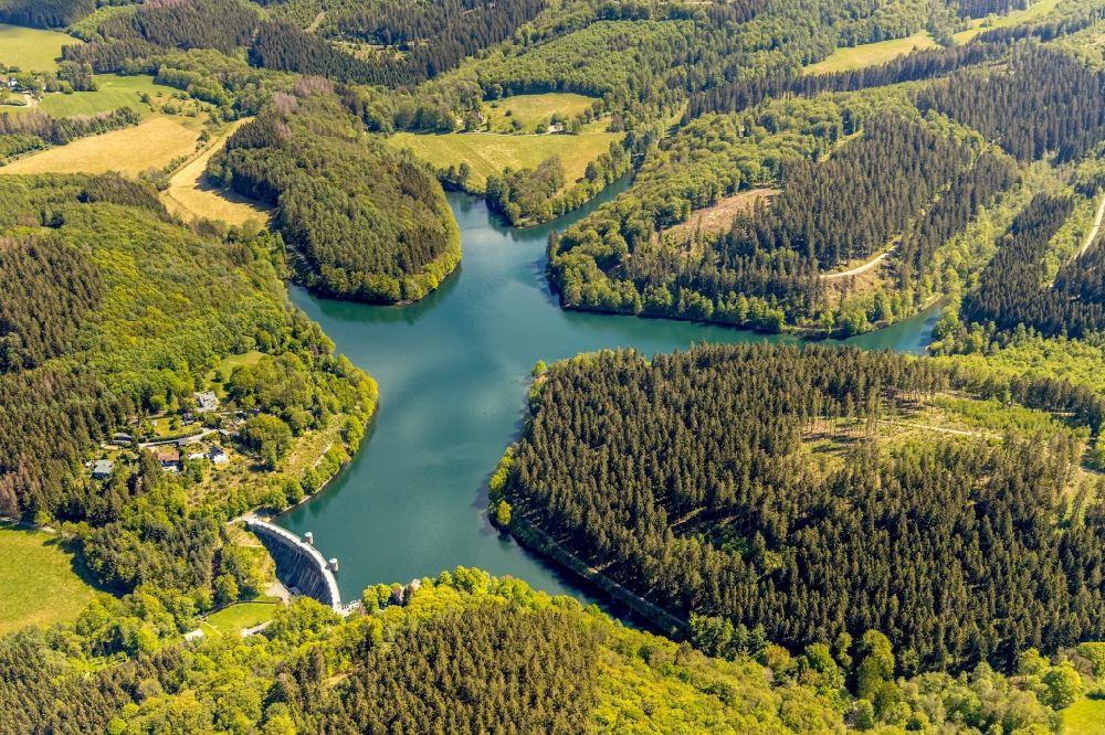 Aerial photograph Meinerzhagen - Riparian areas at the Fuerwiggetalsperre reservoir near Meinerzhagen in the state North Rhine-Westphalia, Germany