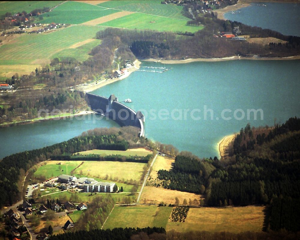 Möhnesee from above - Shore areas at the lake Moehnetalsperre in the district Guenne in Moehnesee in the state North Rhine-Westphalia, Germany