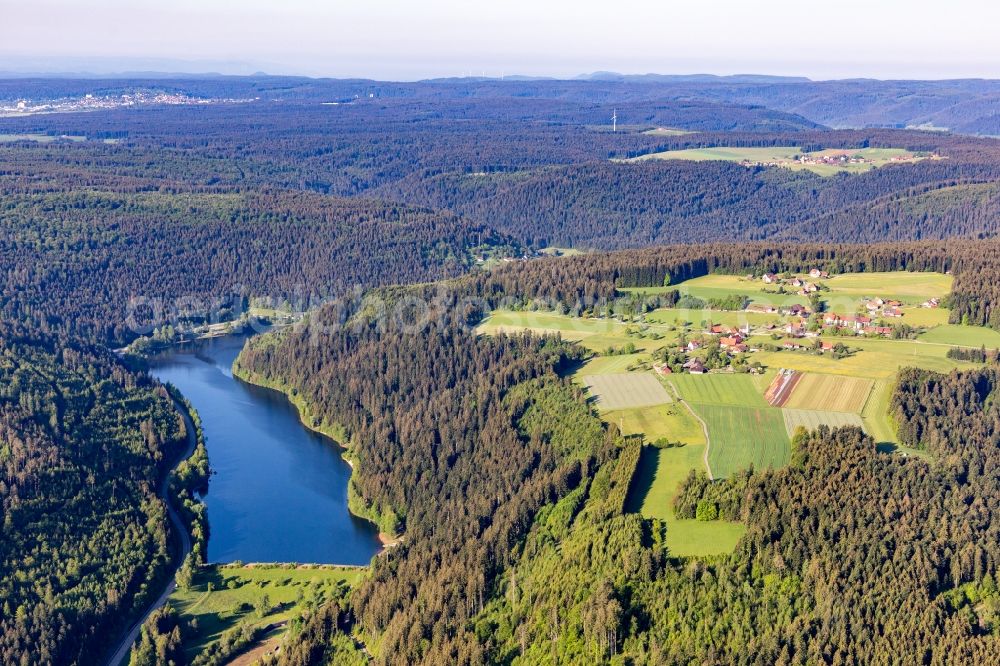 Schernbach from the bird's eye view: Shore areas at the lake of Nagold valley damme in Schernbach in the state Baden-Wurttemberg, Germany