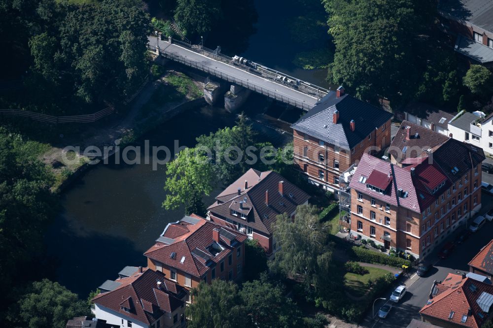 Braunschweig from above - Weir Petriwehr on the banks of the flux flow Oker in Brunswick in the state Lower Saxony, Germany