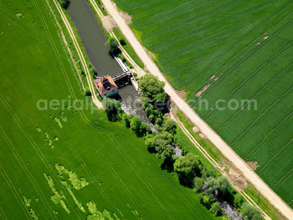 Aerial image Schwendi - Weir on the banks of the flux flow of Rot in Schwendi in the state Baden-Wuerttemberg, Germany