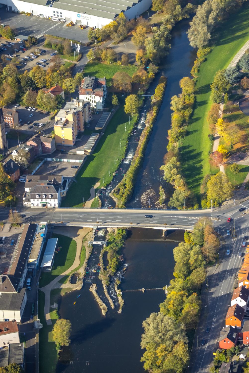 Hagen from above - Weir on the banks of the flux flow Lenne in the district Hohenlimburg in Hagen in the state North Rhine-Westphalia, Germany
