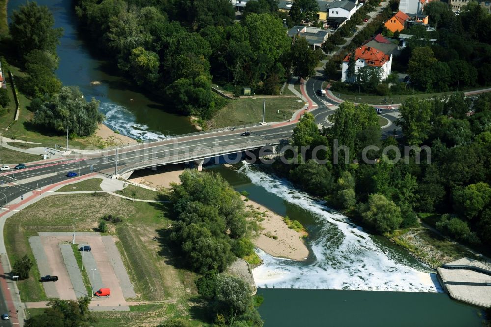 Dessau from above - Weir on the banks of the flux flow Mulde in Dessau in the state Saxony-Anhalt, Germany