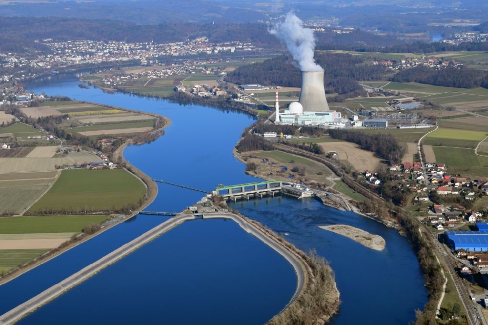 Aerial photograph Leibstadt - River Rhine with the river power station Albbruck-Dogern and the nuclear power plant KKL in Leibstadt in the canton Aargau, Switzerland