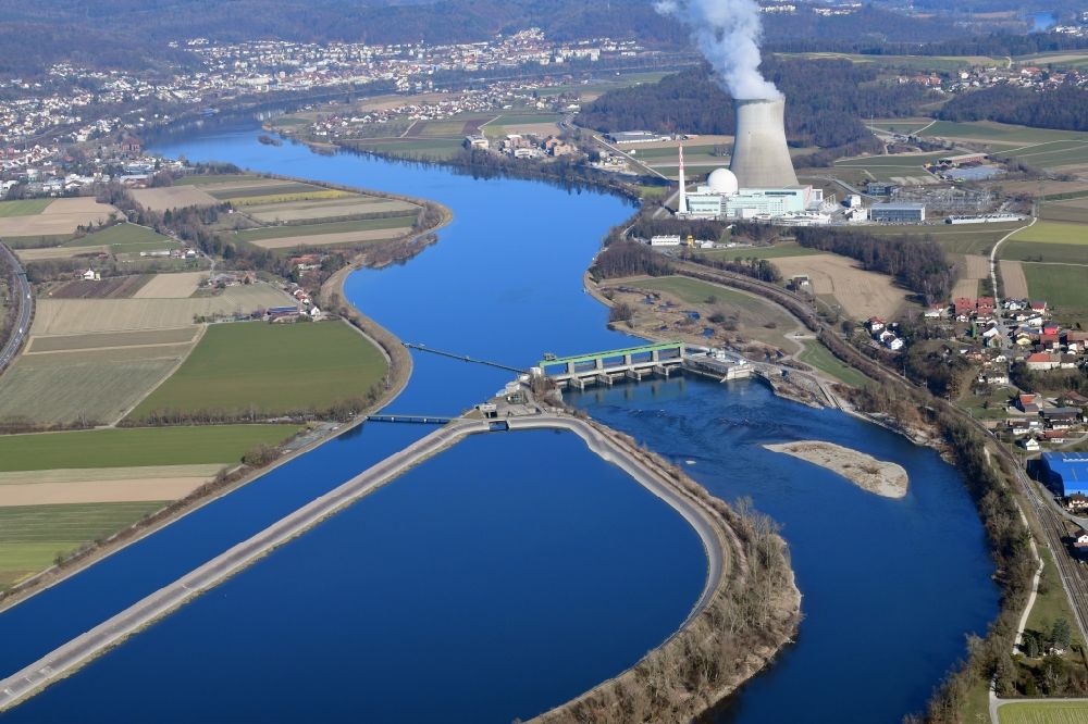 Leibstadt from above - River Rhine with the river power station Albbruck-Dogern and the nuclear power plant KKL in Leibstadt in the canton Aargau, Switzerland