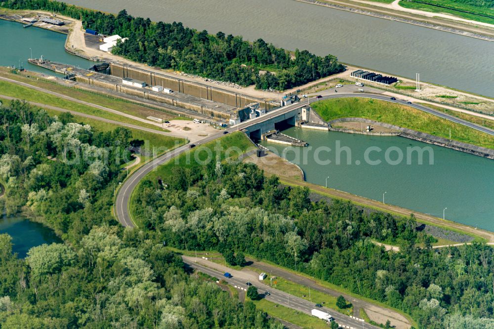 Aerial image Marckolsheim - Weir on the banks of the flux flow on Rhine in Marckolsheim in Grand Est, France