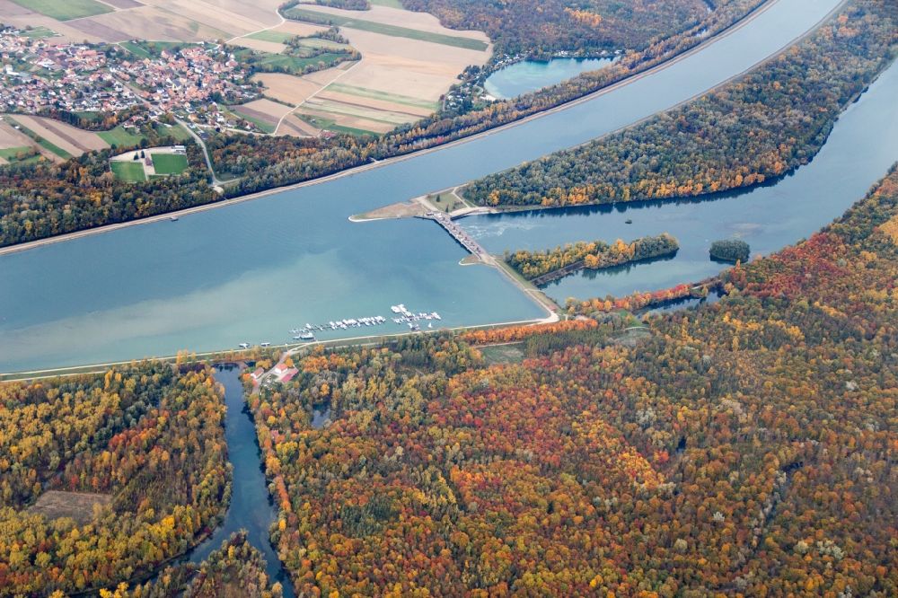 Aerial image Weisweil - Weir on the banks of the flux flow of river Rhein Weisweil / Schoenau in Weisweil in the state Baden-Wuerttemberg