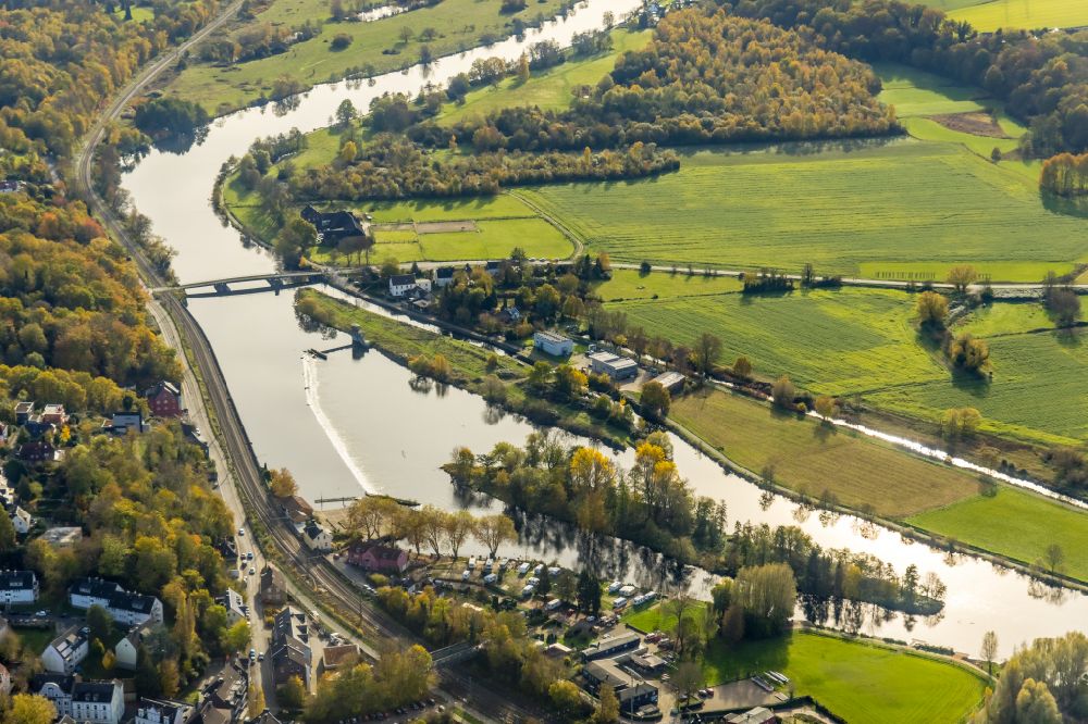 Aerial image Bochum - Weir on the banks of the flux flow Ruhr overlooking the Schwimmbruecke Dahlhausen in Bochum in the state North Rhine-Westphalia, Germany