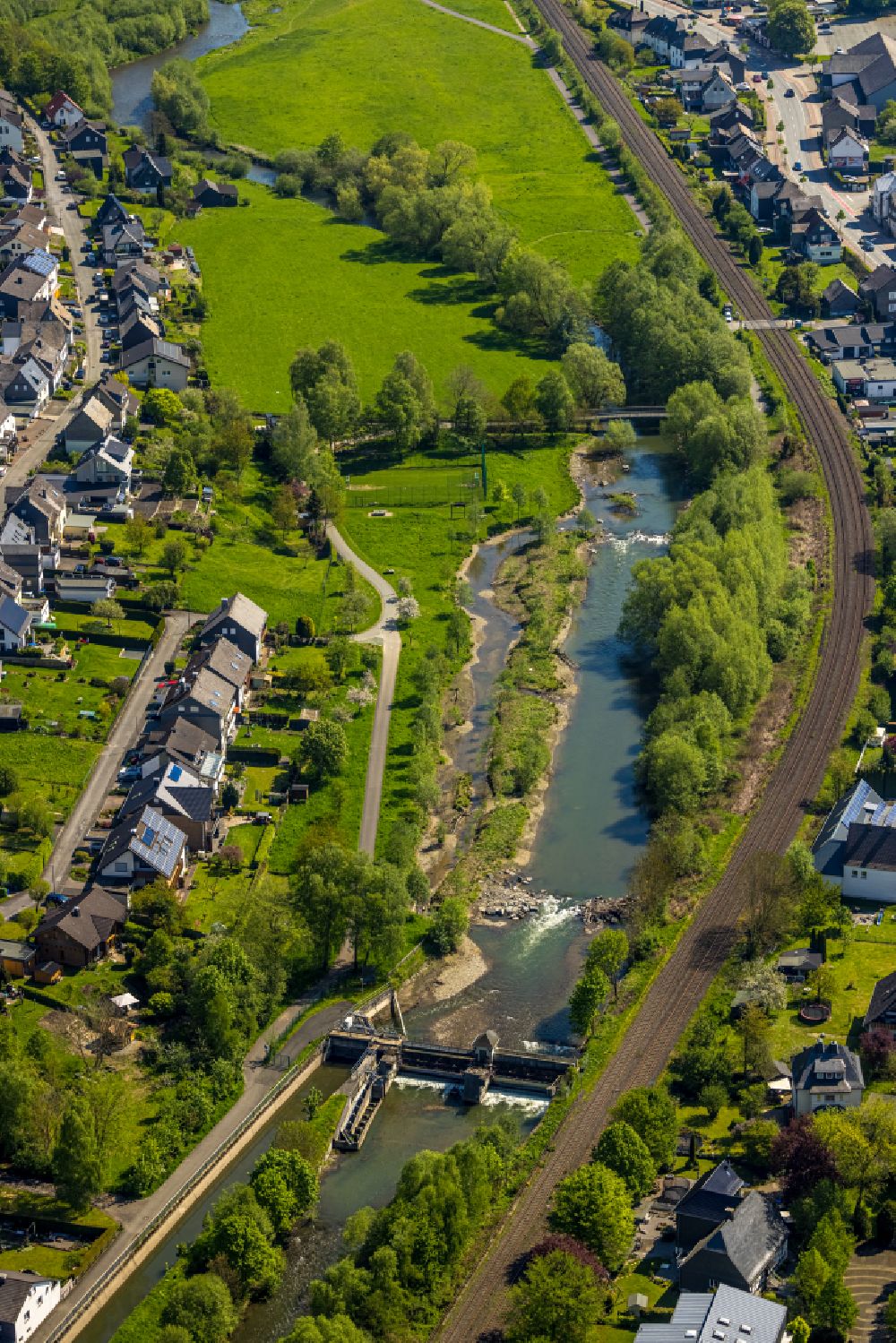 Velmede from above - Weir on the banks of the flux flow Ruhr in Velmede in the state North Rhine-Westphalia, Germany