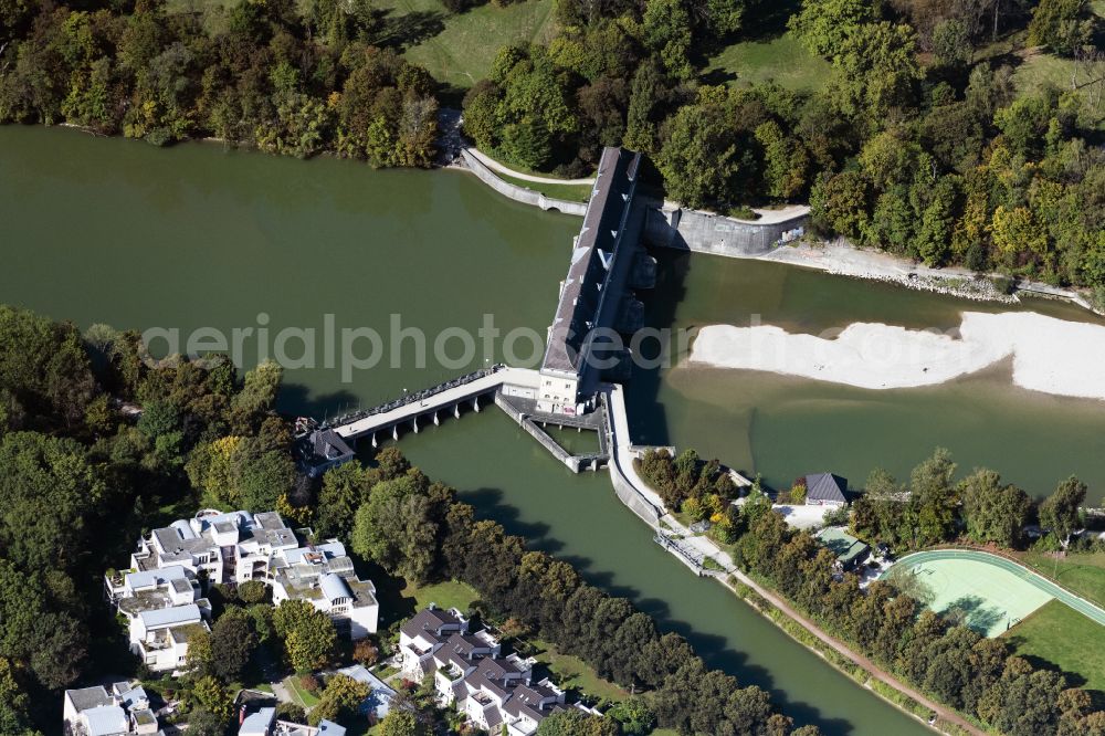 München from above - Armed forces in Oberfoehring in Munich, Bavaria. The inlet of the Middle Isar Canal connects the northern part of the English Garden with the district east of the River Isar. Below the weir is a power station