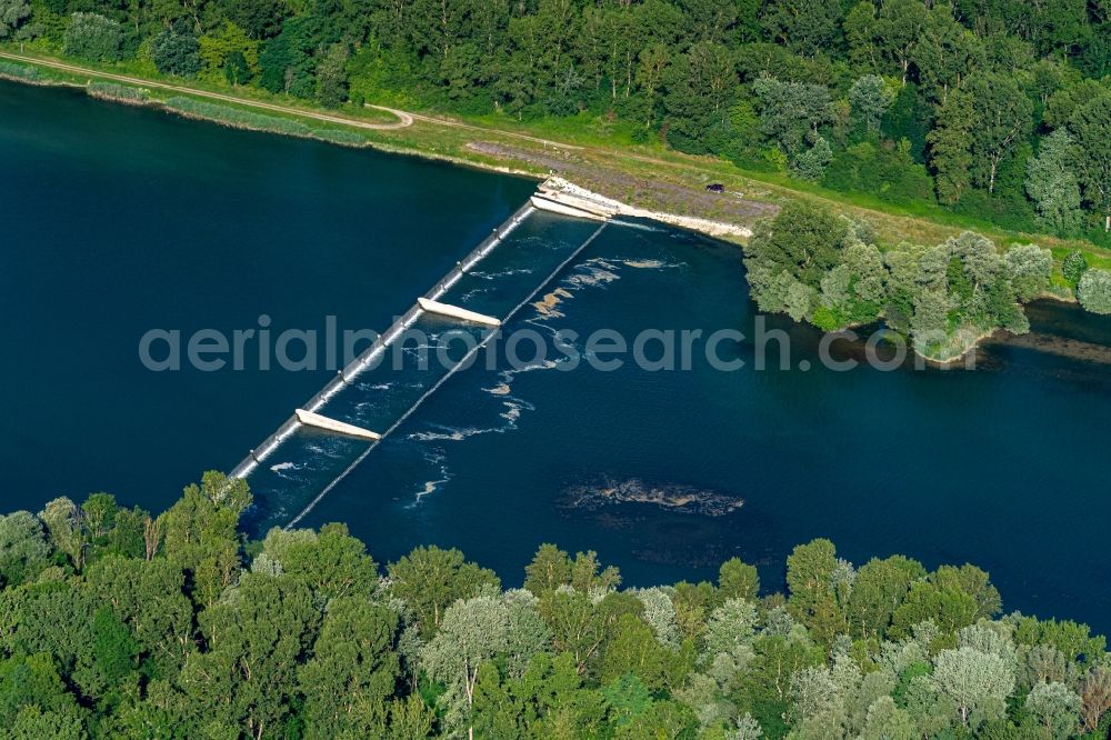 Aerial image Rhinau - Weir on the banks of the flux flow Seiten Rheinarmes in Rhinau in Grand Est, France