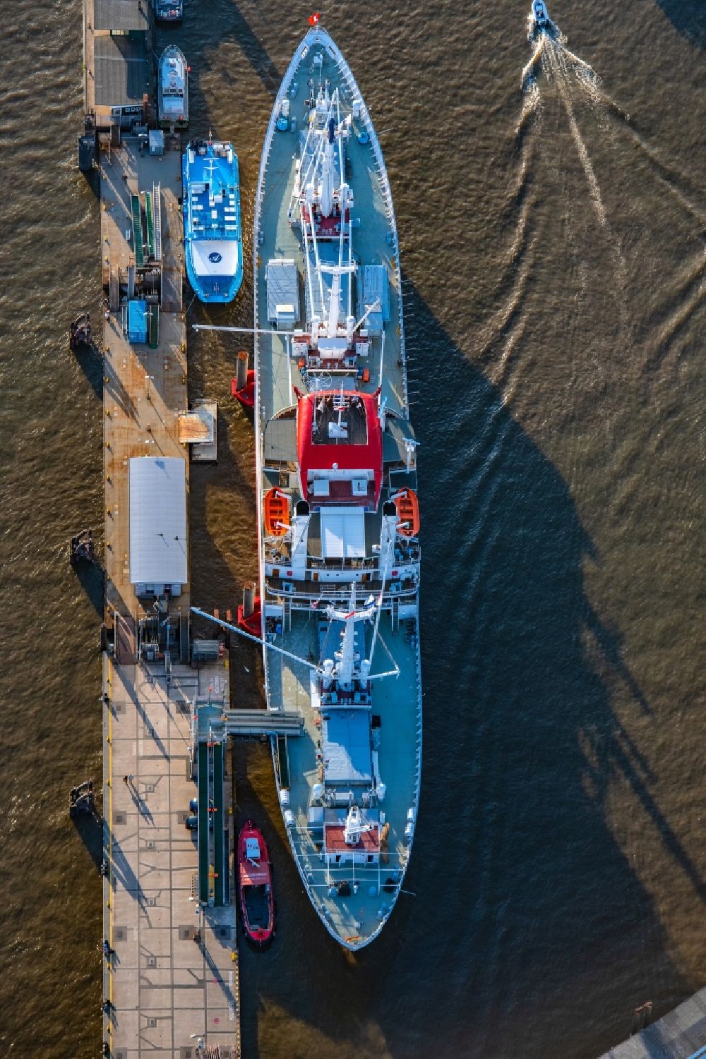 Aerial image Hamburg - Ship Cap San Diego on port facilities on the banks of the river course of the Elbe in Hamburg, Germany