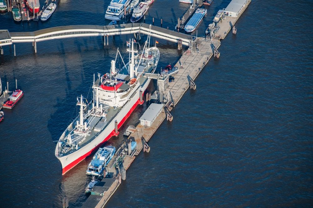 Aerial photograph Hamburg - Ship Cap San Diego on port facilities on the banks of the river course of the Elbe in Hamburg, Germany