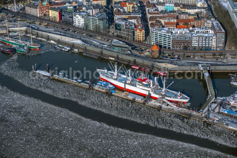Aerial photograph Hamburg - ship Cap San Diego on port facilities on the banks of the river course of the Elbe in Hamburg, Germany