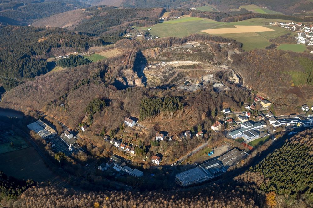 Lüdenscheid from above - Quarry and the landfill Loesbach in Luedenscheid in the state of North Rhine-Westphalia, Germany