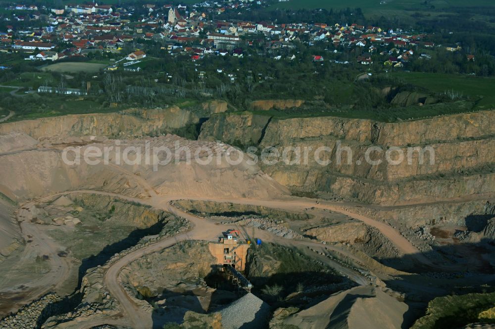 Wettin-Löbejün from above - Quarry Loebejuen for the mining and handling of Quarzporphyrs - Rhyolith in Wettin-Loebejuen in the state Saxony-Anhalt, Germany