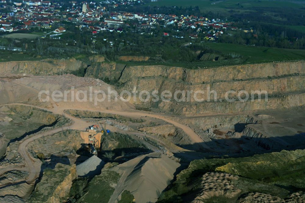 Wettin-Löbejün from the bird's eye view: Quarry Loebejuen for the mining and handling of Quarzporphyrs - Rhyolith in Wettin-Loebejuen in the state Saxony-Anhalt, Germany