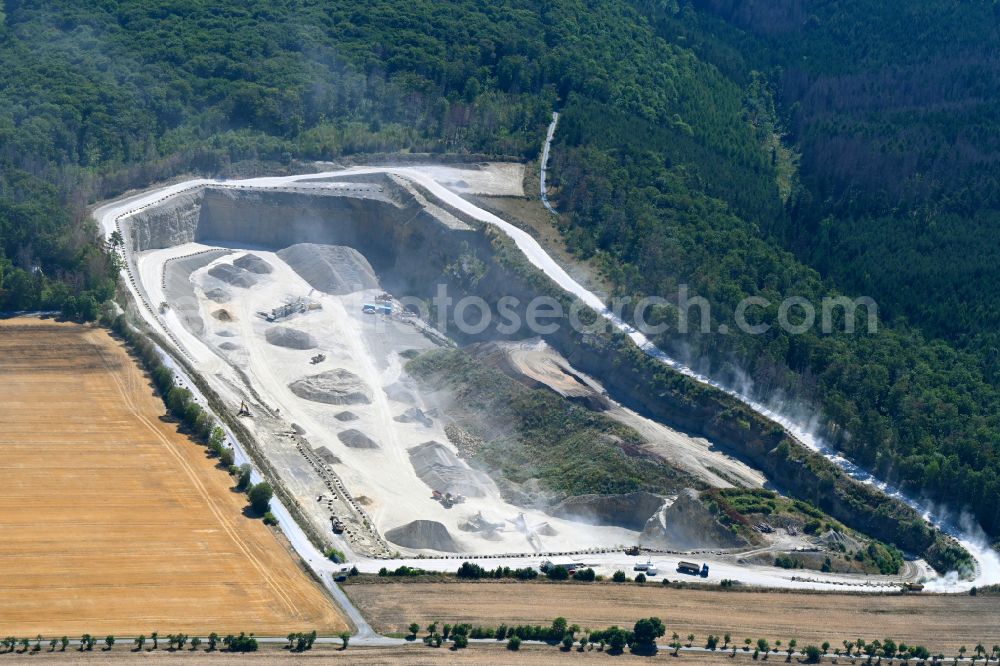 Gutendorf from above - Quarry for the mining and handling of MKW Mitteldeutsche Hartstein- Kies- and Mischwerke GmbH in Gutendorf in the state Thuringia, Germany