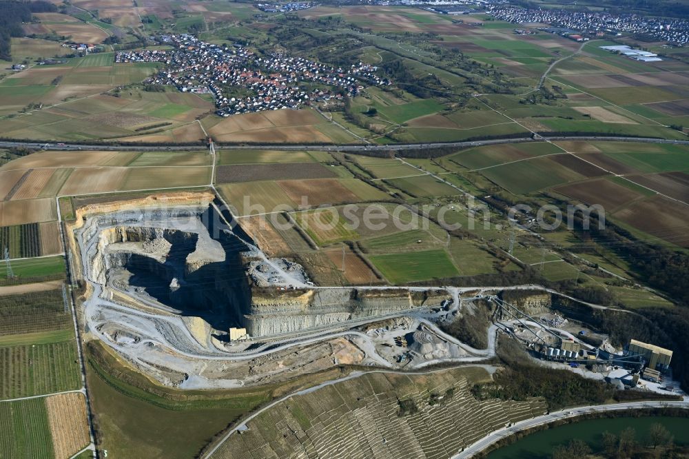 Mundelsheim from above - Quarry for the mining and handling of Split in Mundelsheim at the Neckar river in the state Baden-Wurttemberg, Germany