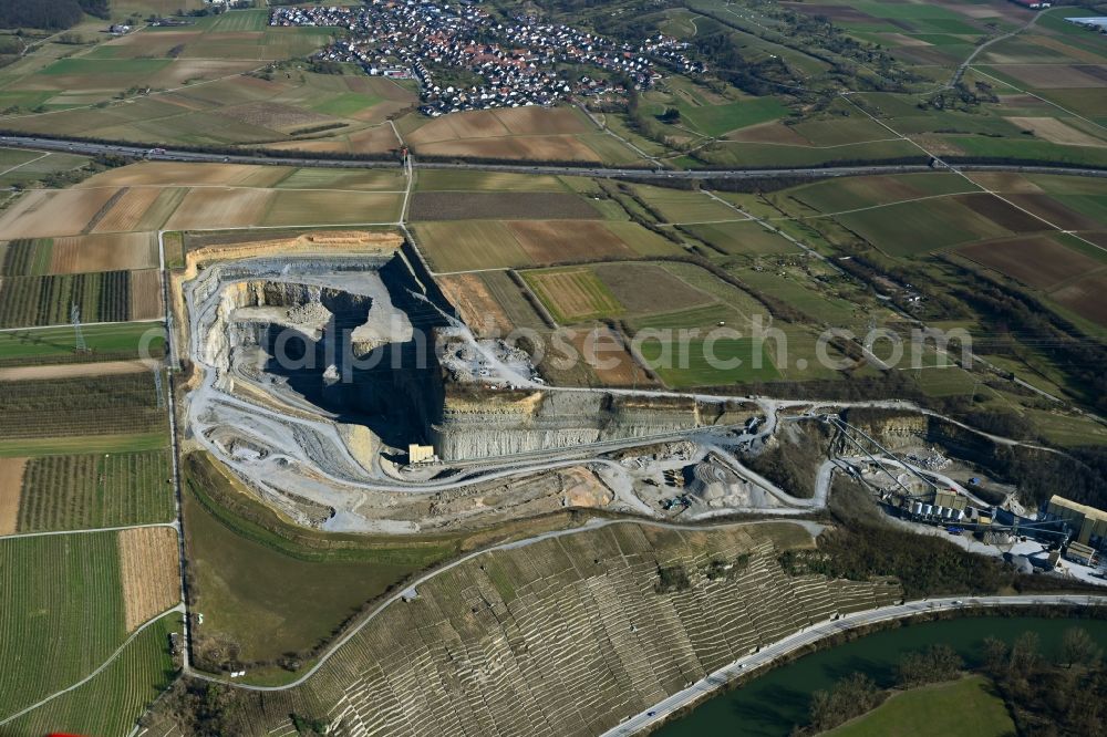 Mundelsheim from the bird's eye view: Quarry for the mining and handling of Split in Mundelsheim at the Neckar river in the state Baden-Wurttemberg, Germany