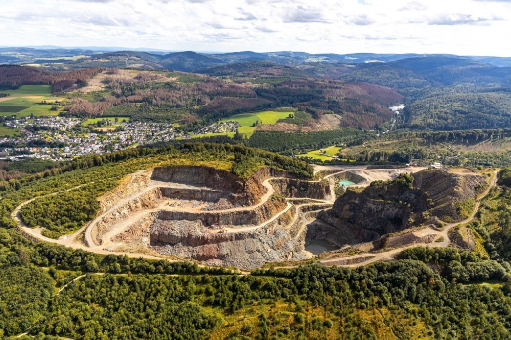 Brilon from above - Quarry for the mining and handling of Grauwacke of Westdeutschen Grauwacke Union GmbH in Brilon in the state North Rhine-Westphalia, Germany