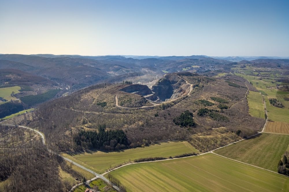 Aerial photograph Brilon - Quarry for the mining and handling of Grauwacke of Westdeutschen Grauwacke Union GmbH in Brilon at Sauerland in the state North Rhine-Westphalia, Germany