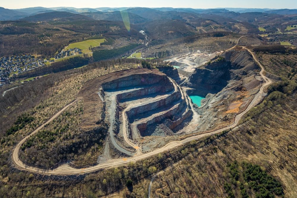 Aerial image Brilon - Quarry for the mining and handling of Grauwacke of Westdeutschen Grauwacke Union GmbH in Brilon at Sauerland in the state North Rhine-Westphalia, Germany