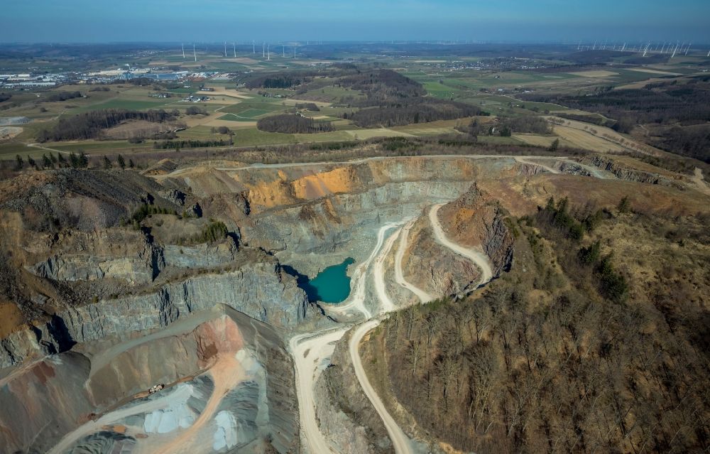 Aerial image Brilon - Quarry for the mining and handling of Grauwacke of Westdeutschen Grauwacke Union GmbH in Brilon in the state North Rhine-Westphalia, Germany