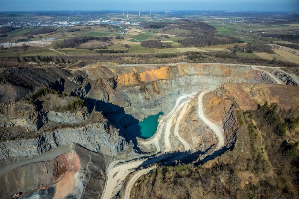 Brilon from above - Quarry for the mining and handling of Grauwacke of Westdeutschen Grauwacke Union GmbH in Brilon in the state North Rhine-Westphalia, Germany