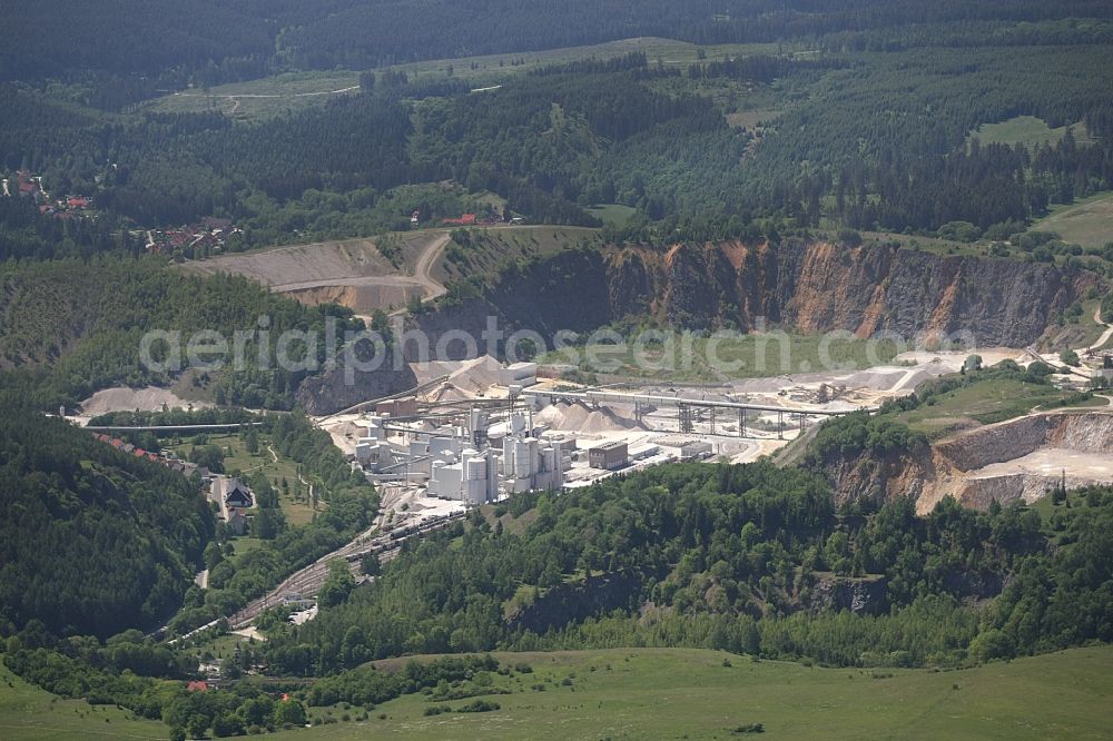 Elbingerode (Harz) from the bird's eye view: Quarry for the mining and handling of Kalk in Elbingerode (Harz) in the state Saxony-Anhalt, Germany