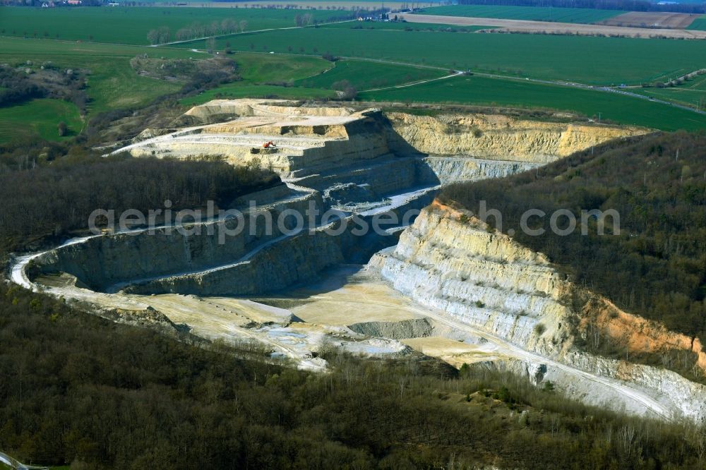 Aerial image Bad Kösen - Quarry for mining and extracting limestone from Burgenland Beton GmbH & Co. KG on Thueringer Strasse in Bad Koesen in the state of Saxony-Anhalt, Germany