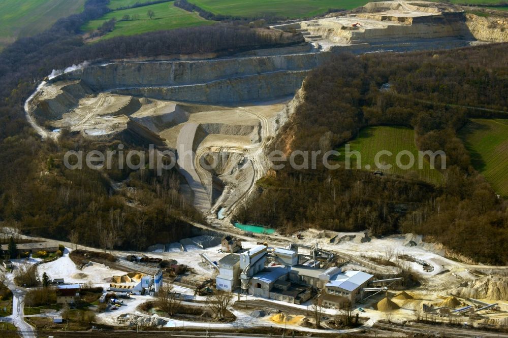 Aerial photograph Bad Kösen - Quarry for mining and extracting limestone from Burgenland Beton GmbH & Co. KG on Thueringer Strasse in Bad Koesen in the state of Saxony-Anhalt, Germany