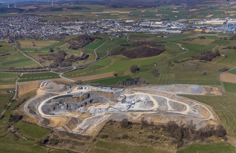 Brilon from the bird's eye view: Quarry for the mining and handling of limestone in Brilon at Sauerland in the state North Rhine-Westphalia, Germany